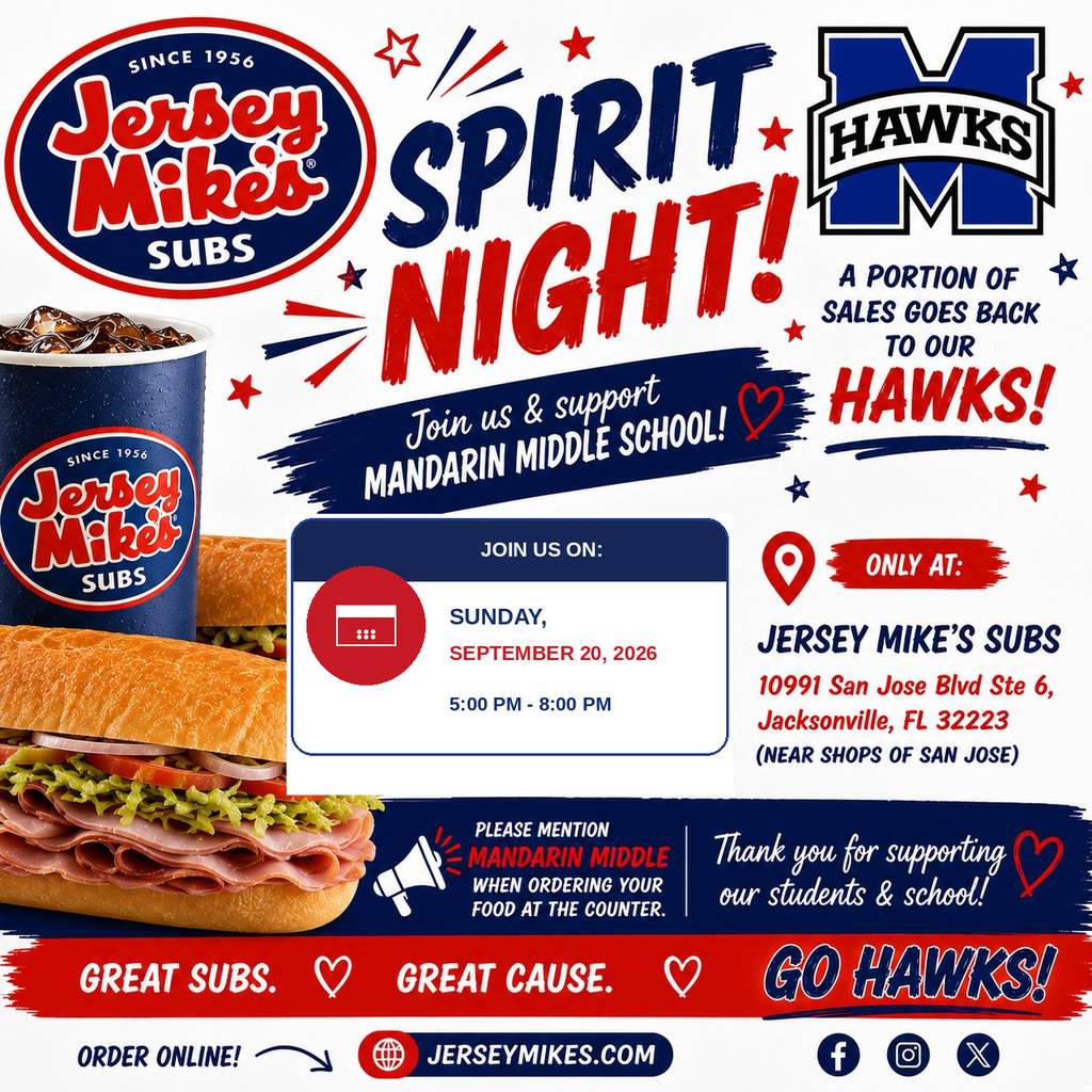 Poster promoting Spirit Night. Features a sandwich and drink. The text reads "Great Subs. Great Cause."