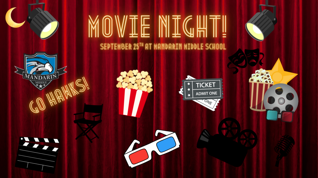 Red curtain with icons for movie night, including popcorn, ticket, camera, glasses, and other cinema-related items.