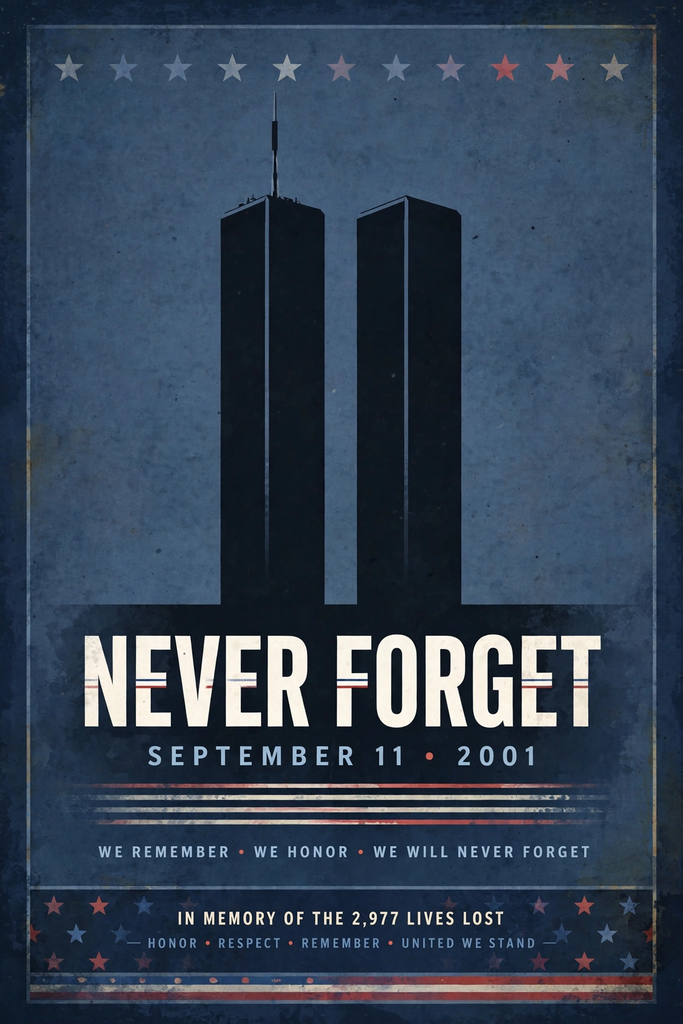 A memorial poster shows twin towers in silhouette against a blue background. Text reads "Never Forget September 11, 2001" and "In memory of the 2,977 lives lost."