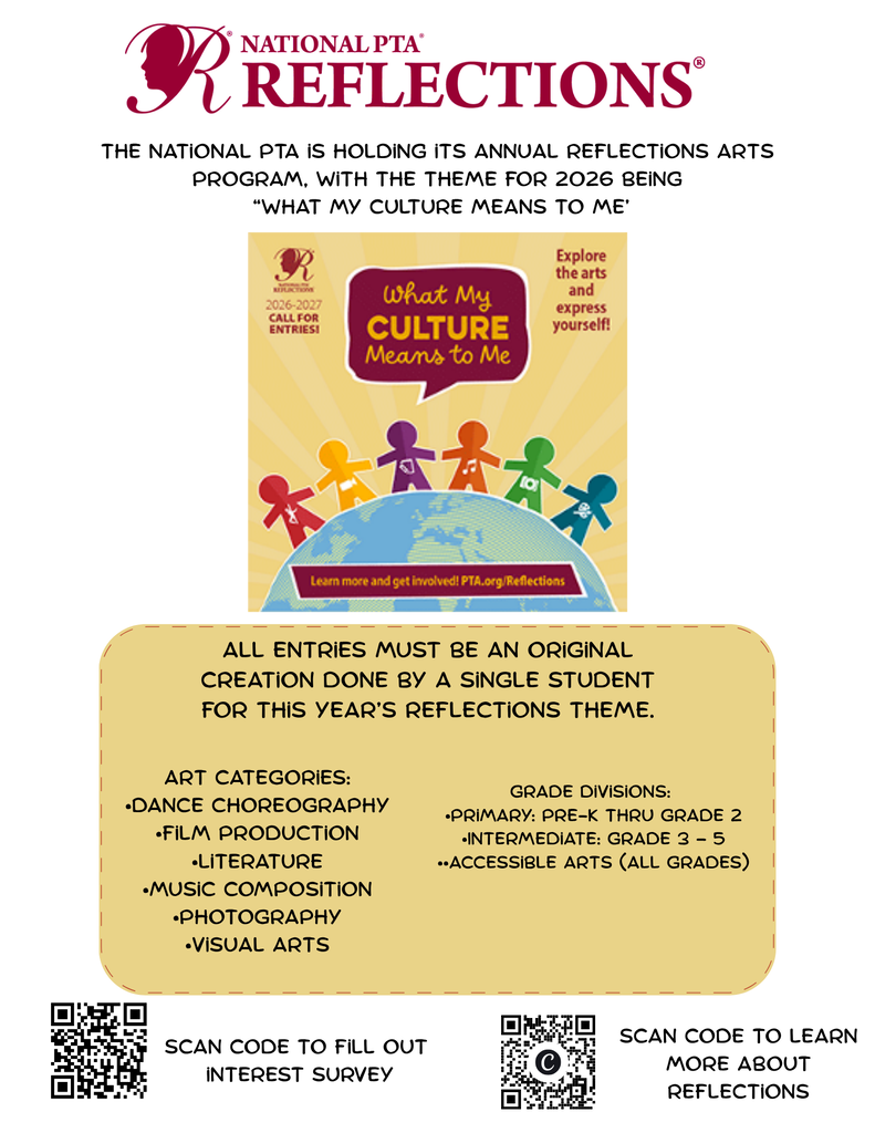 Poster for the National PTA Reflections Arts Program. It shows a globe with children around it, a scan code, and a list of art categories and divisions.