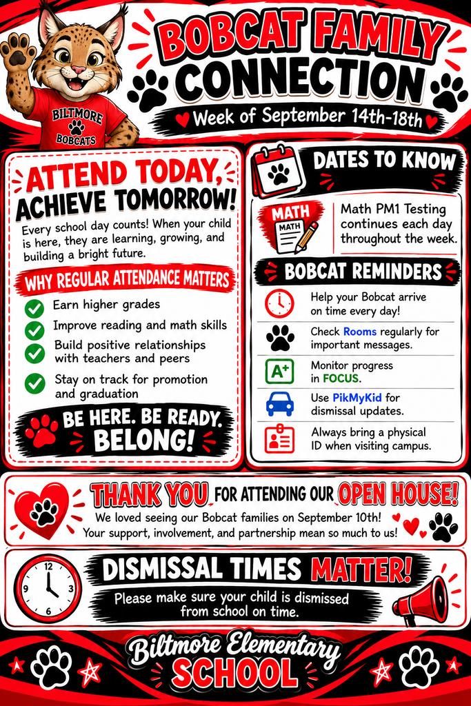 This vibrant Bobcat Family Connection newsletter for the week of September 14–18 features Biltmore Elementary’s red-and-black Bobcat theme. It highlights the importance of daily attendance, Math PM1 testing, Bobcat reminders, a thank-you message for Open House, and a reminder about timely dismissal.