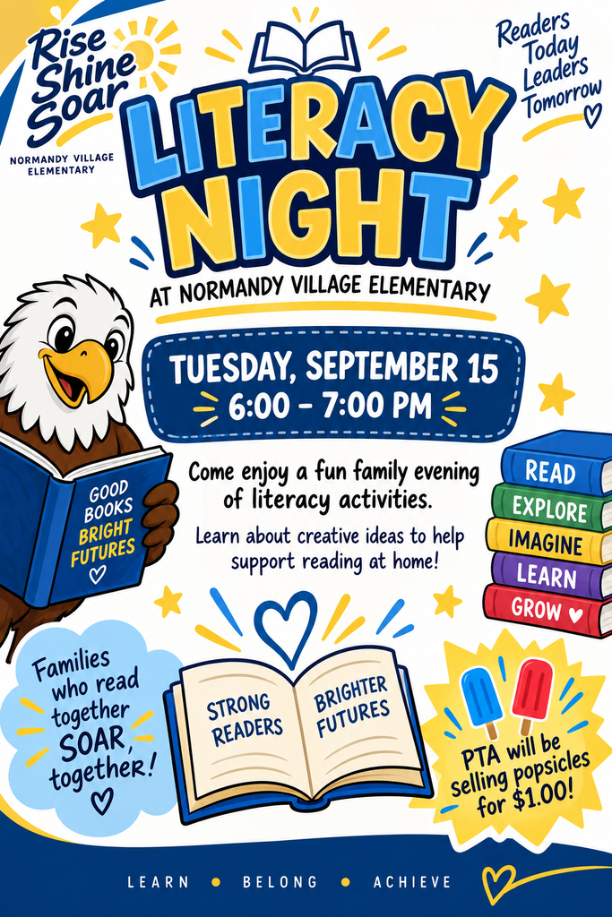 An advertisement for Literacy Night at Normandy Village Elementary. It features a book, eagle, and popsicles.