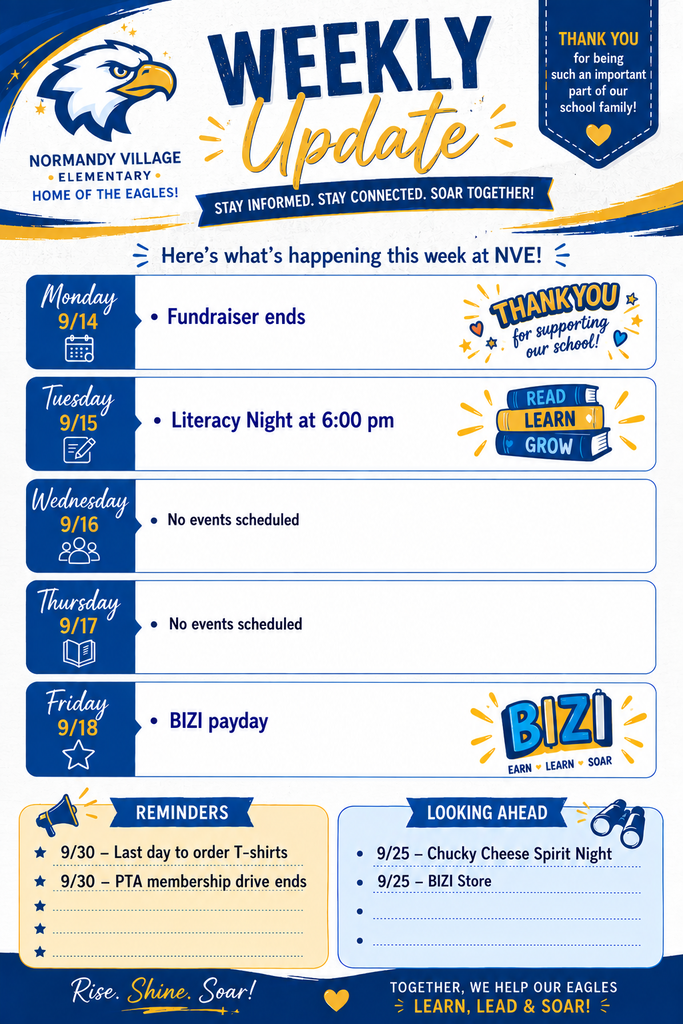 Blue and white weekly update graphic for Normandy Village Elementary. Includes events and reminders for the week.