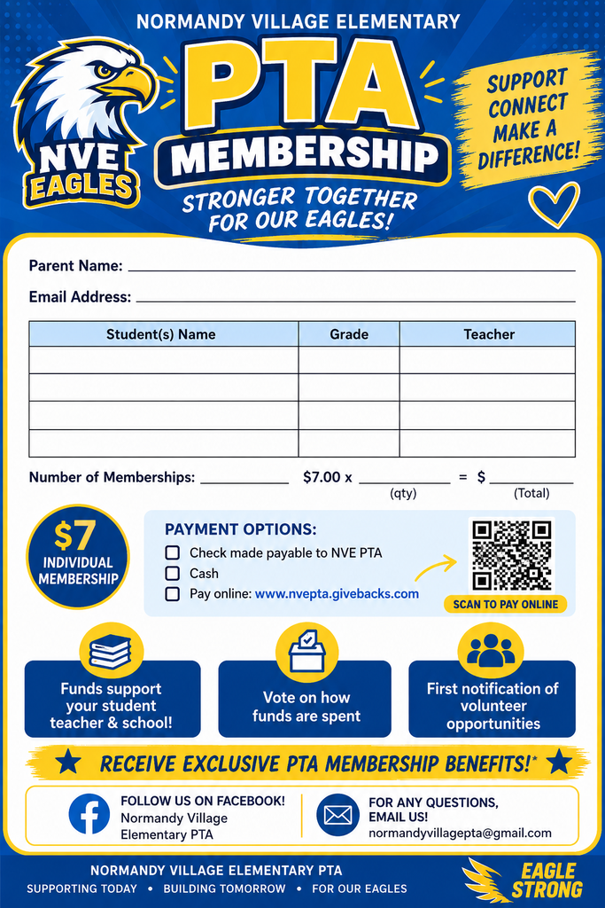 A flyer for Normandy Village Elementary PTA membership. Features include forms for parent and student names, grade, and teacher. Benefits like funds for teachers and schools, voting on funds use, and first notification of opportunities are listed.