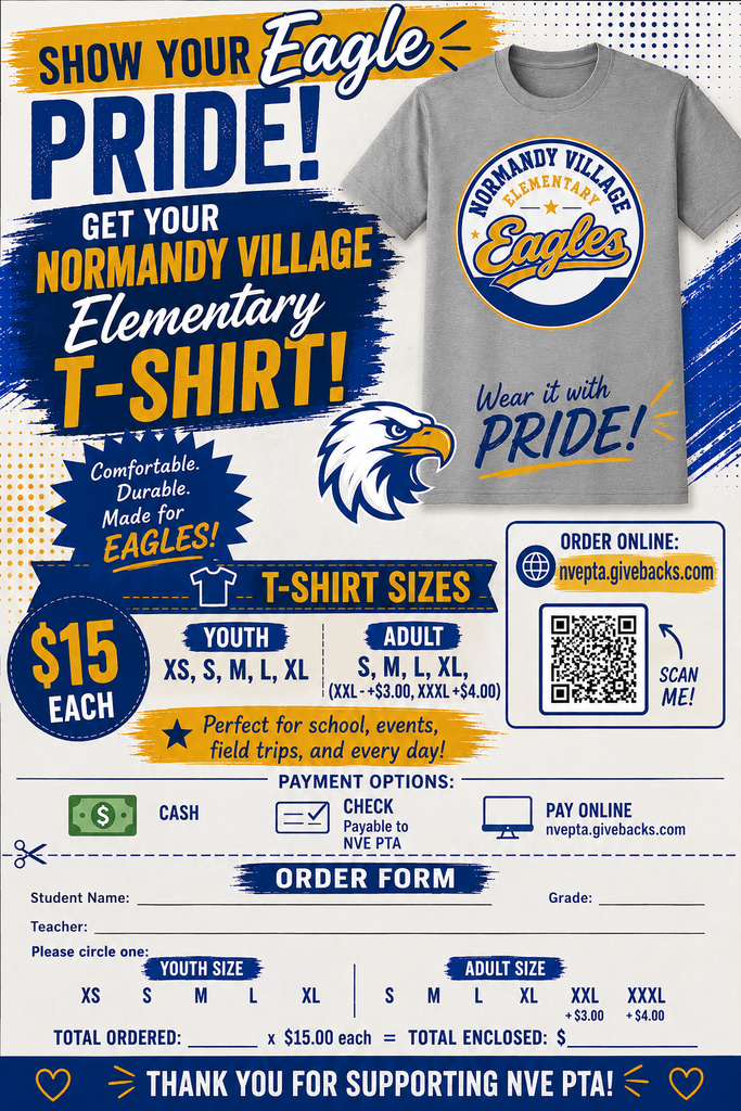 Advertisement for a Normandy Village Elementary Eagles T-shirt, showing a graphic of an eagle and a gray T-shirt. Sizes are XS to XXL.