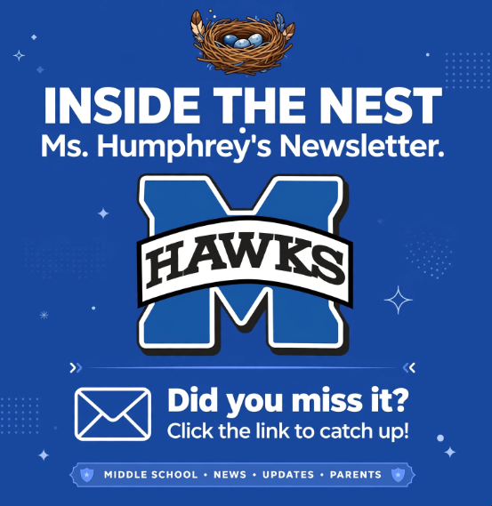 Blue background with "Inside the Nest" title. Logo of a nest with eggs above "HAWKS M". Below, an envelope icon reads "Did you miss it?"