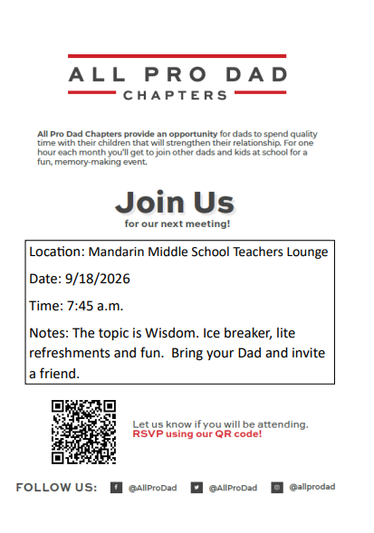 A flyer reads: "All Pro Dad Chapters" and "Join Us for our next meeting!" It includes a date, time, location, and QR code.