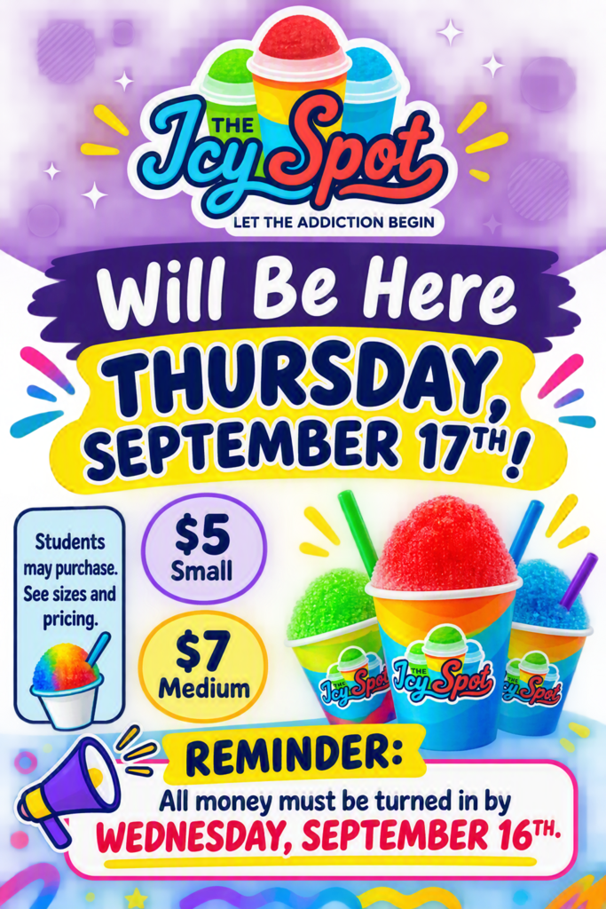 Advertisement for The Icy Spot, a frozen treat event on Thursday, September 17th. Includes ice cream in various sizes and colors.