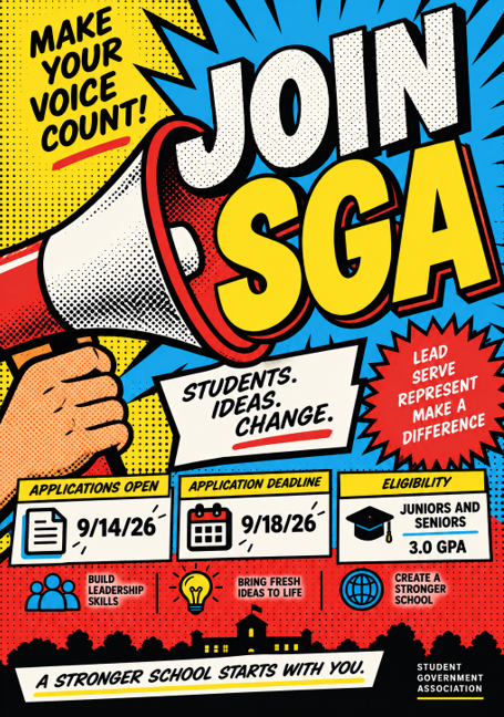 A colorful poster features a hand holding a megaphone. Text reads "Join SGA." Details include open applications, deadline, eligibility, and benefits.