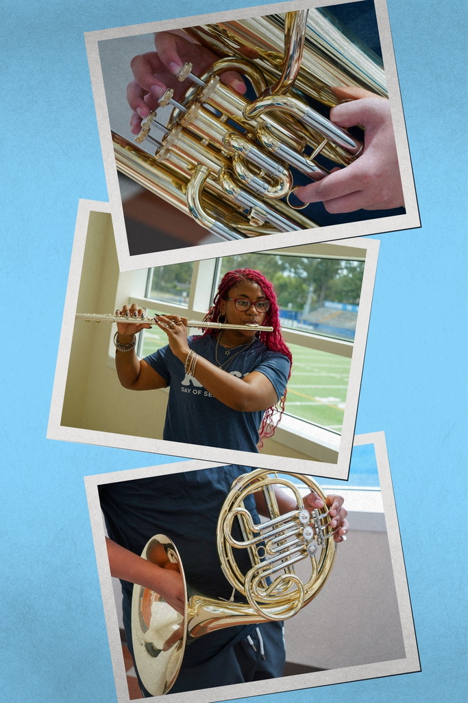 A collage of several photos depicting the instruments donated to the Riverside High School band. 