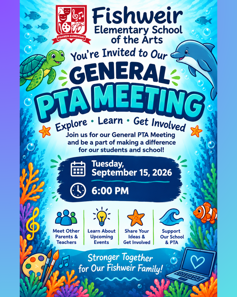 An invitation for a Fishweir Elementary School PTA meeting on Tuesday, September 15, 2026, at 6:00 PM, featuring ocean animals.