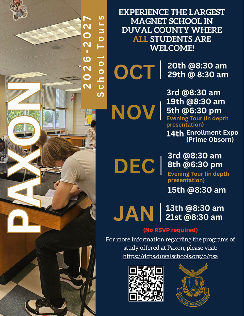 Flyer for Paxon School tours. Dates: Oct 20, 29, Nov 3, 19, Dec 3, 8, 15, Jan 13, 21. Times: 8:30am, 6:30pm. QR code for website.