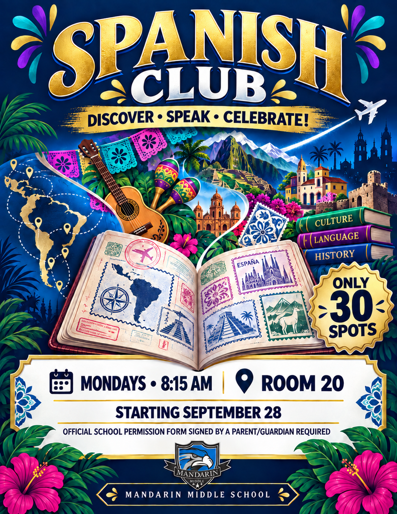 Spanish Club event poster with open book, guitar, map, landmarks, stamps, and flowers. Details: Mondays, 8:15 AM, Room 20, starting Sept 28, 30 spots.