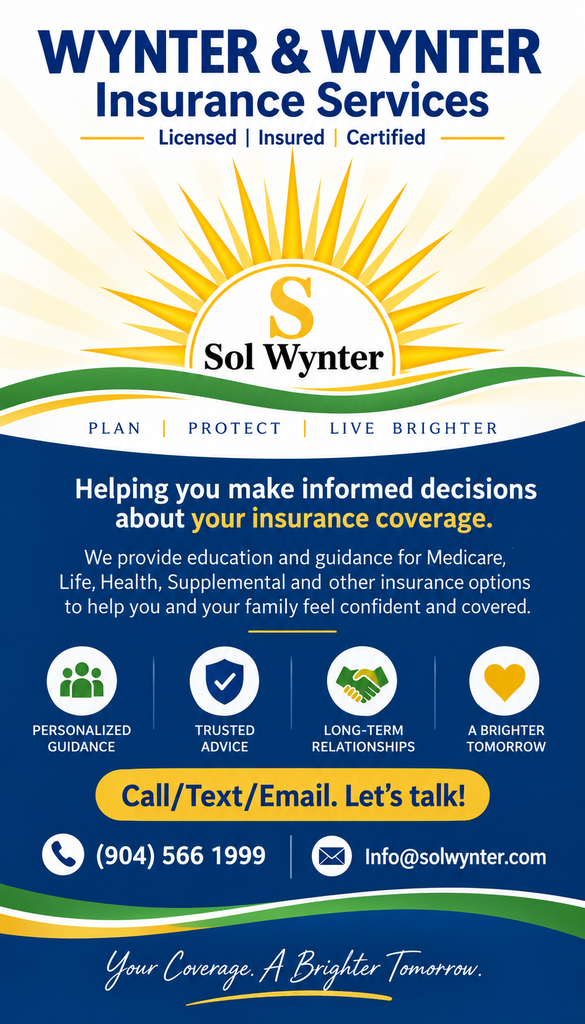 An advertisement for Wynter & Wynter Insurance Services. It features a sun and the company name. It also includes information about their services and contact details.