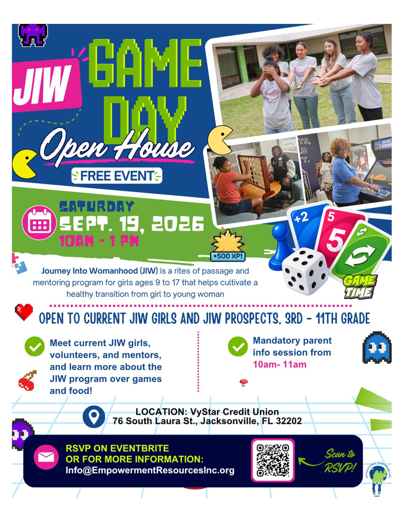 Flyer for a game day event, featuring diverse participants, game pieces, and a location address. Open to girls aged 9 to 17.