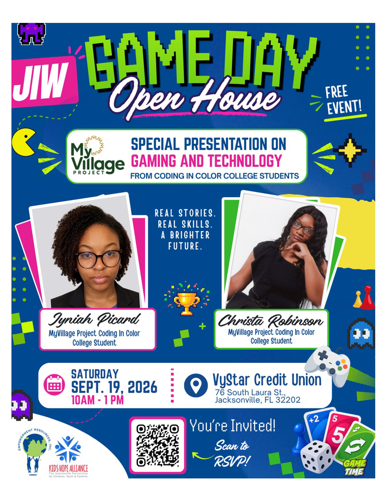 Poster with blue background for Game Day Open House. Two women are pictured, one with glasses and the other with a trophy.