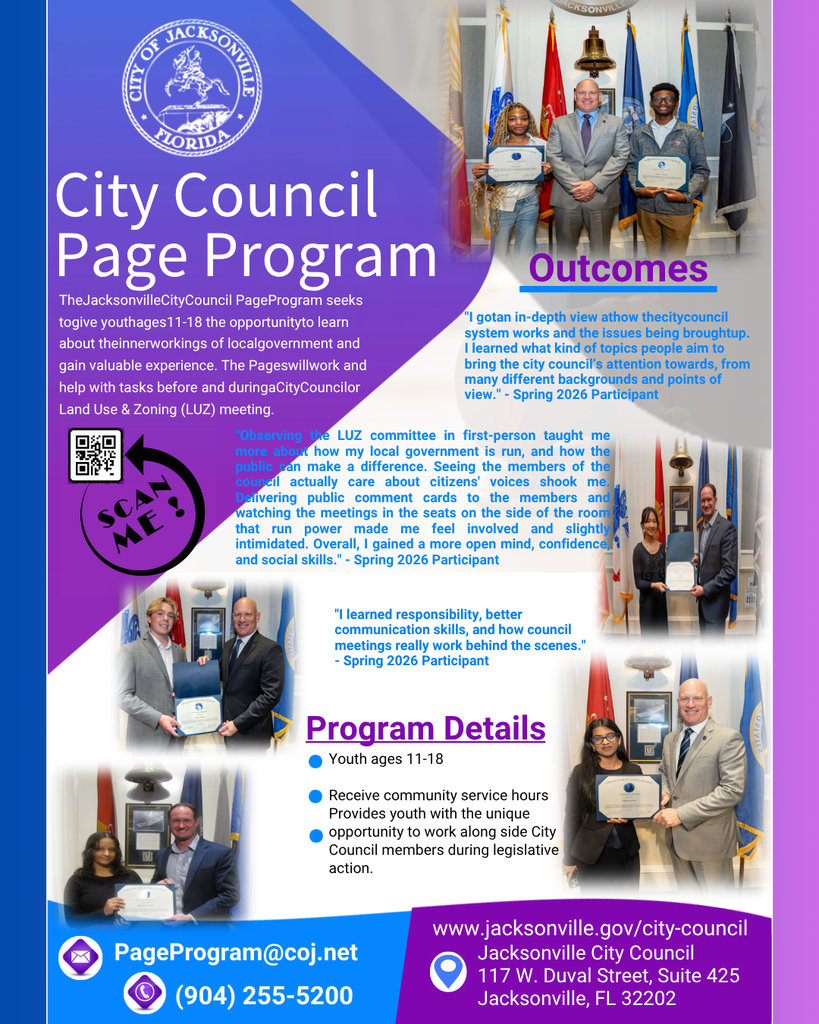 A multi-panel flyer for City Council Page Program, displaying logos, people receiving awards, text about program details, contact information, and QR code.