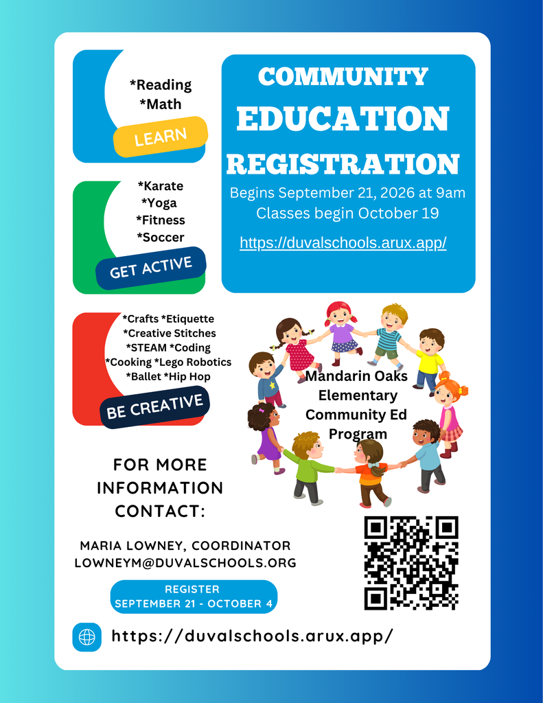 Poster displays "Community Education Registration" text. Children in circle below. QR code at bottom. Contact and date information to sides.
