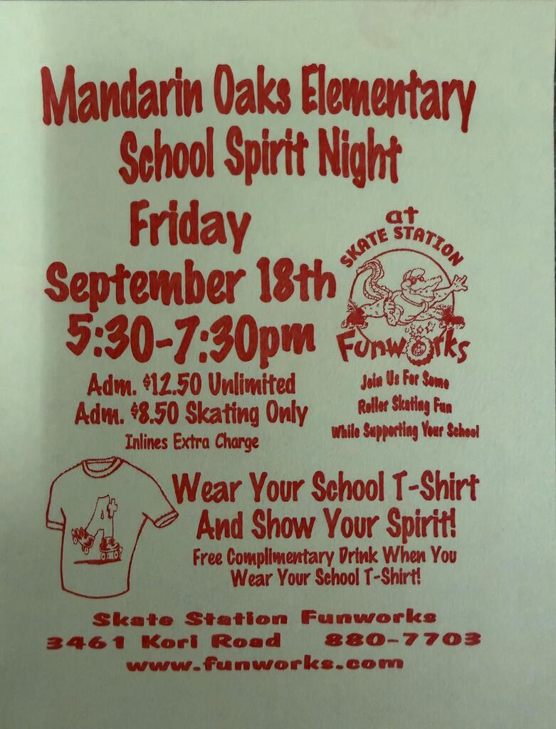 A flyer advertises Mandarin Oaks Elementary School's Spirit Night on September 18th, from 5:30 to 7:30pm. Admission is $12.50.