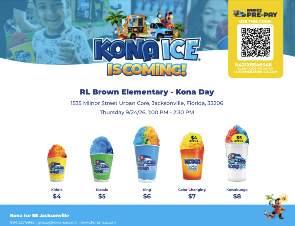 Kona Ice @ RL Brown on 9.24.26. Please scan the QR code to pre-pay for your student.