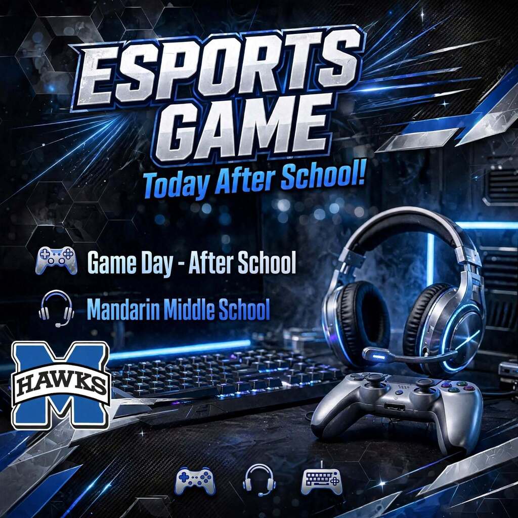 Poster for a school esports event with game console, headphones, keyboard, and school logo.