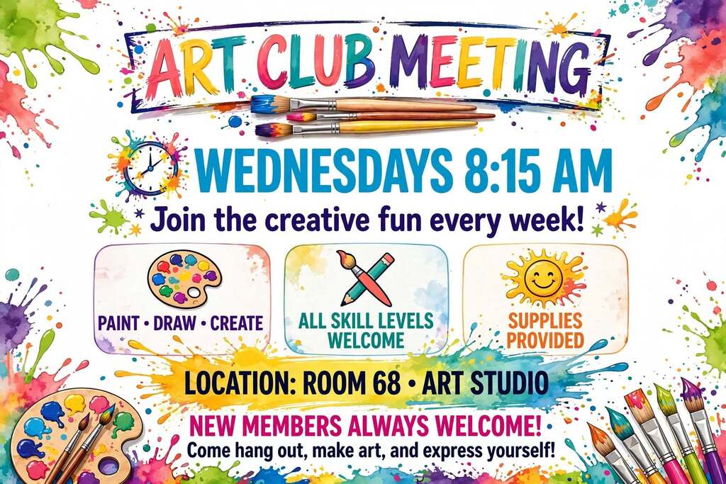Colorful poster with paint splatters, brushes, and palettes. Text reads: Art Club Meeting, Wednesdays 8:15 AM. Supplies provided, all skill levels welcome.