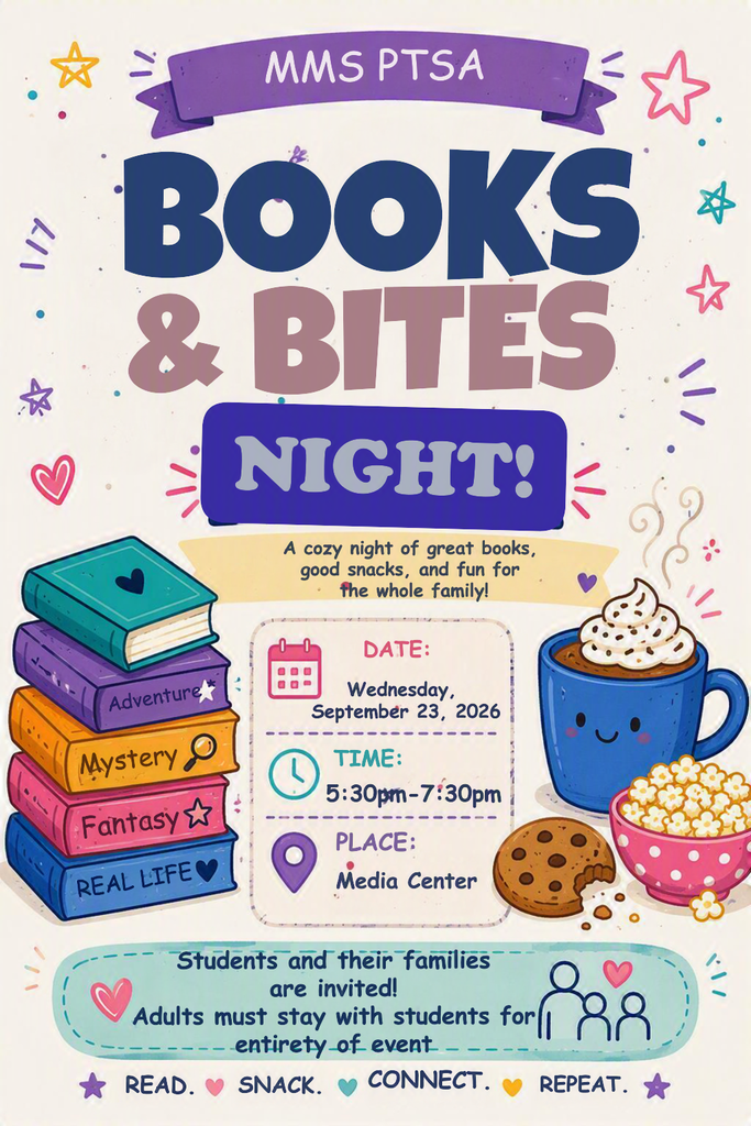 Flyer with blue and pink colors. Stack of books, a cup of coffee, popcorn, and cookies. Text: "MMS PTSA BOOKS & BITES NIGHT!"