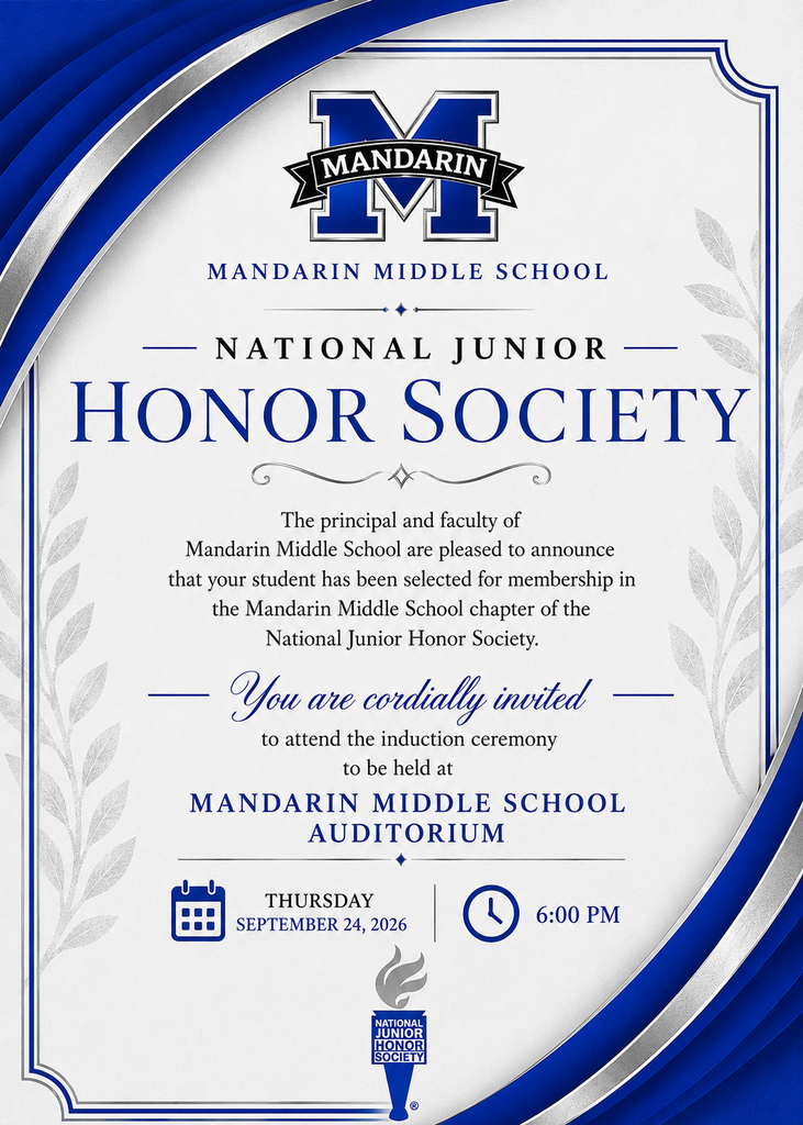 Blue and white design with "Mandarin Middle School" logo, "National Junior Honor Society" text, and induction ceremony details.