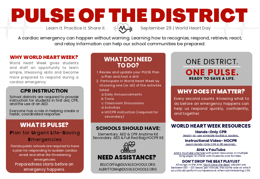 Poster featuring red and white text on a white background. Sections include "Pulse of the District" and "World Heart Week."
