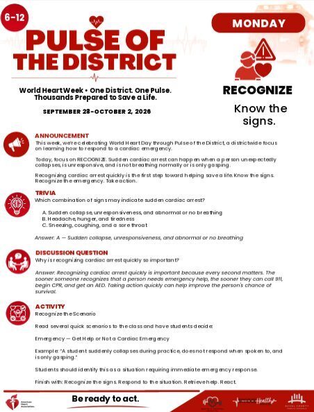 A red and white flyer displays "Pulse of the District" in bold letters. Information about heart health is below, with text in red circles.