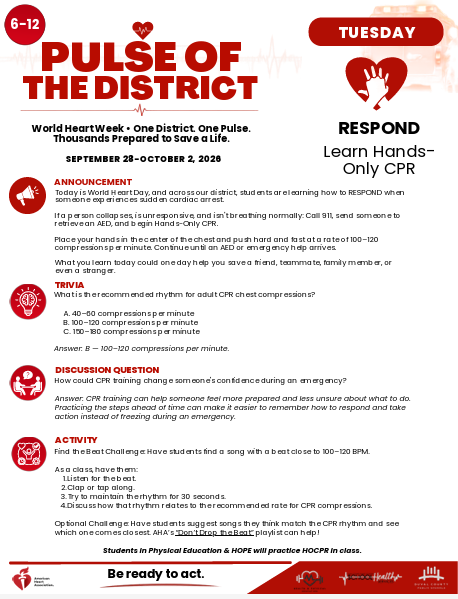 A flyer promoting Pulse of the District during World Heart Week. It features text and icons for announcements, trivia, discussion questions, and activities related to CPR.