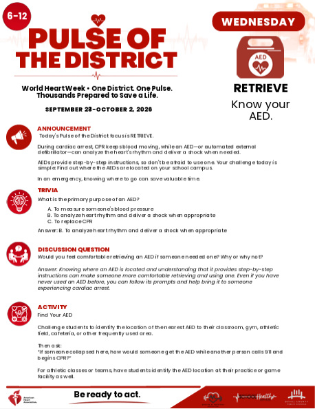 Pulse of the District flyer. Red, white, and blue theme. Headings include Pulse of the District, Retrieve AoD, Know Your AED, and Be Ready to Act.