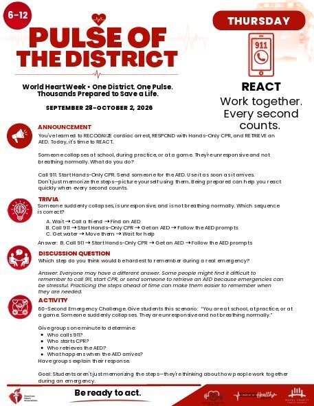 An informational handout with red and white colors, a heart symbol, and bullet points. The text reads "Pulse of the District" and "React".