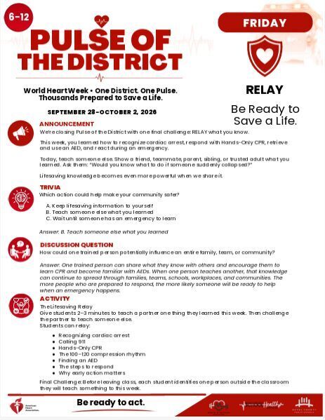 Document displaying text and icons. Title is "Pulse of the District" with a red heart. The date is Friday, September 28-October 2, 2023.