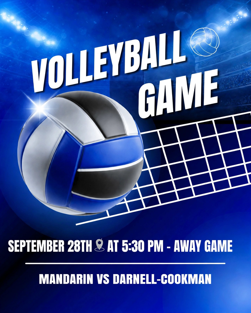 An advertisement for a volleyball game features a volleyball with a net in the background. The game is between Mandarin and Darnell-Cookman.