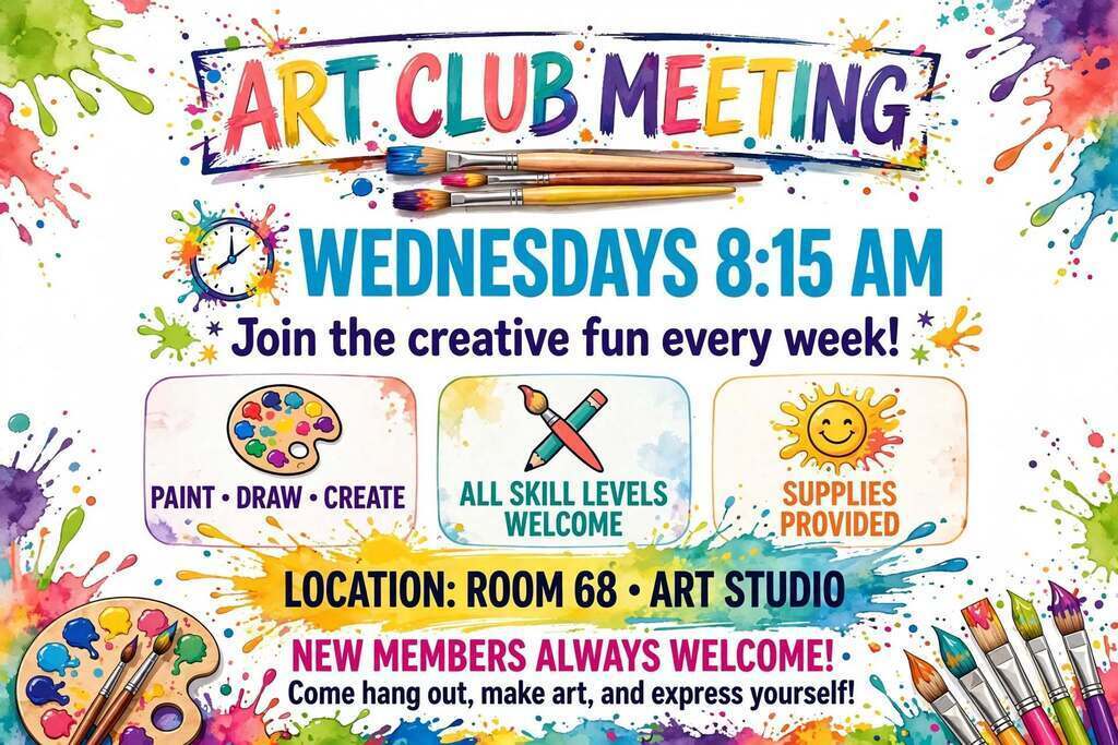 Bright poster with colorful paint splashes. Text reads: Art Club Meeting, Wednesdays 8:15 AM. Details include paint, drawing, skill levels, and supplies. Location: Room 68, Art Studio.