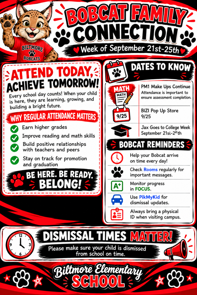The “Bobcat Family Connection” newsletter for the week of September 21–25 features Biltmore Elementary’s red, black, and white Bobcat theme. It highlights the importance of daily attendance, PM1 assessment make-ups, BIZI Pop Up Store on September 25, and Jax Goes to College Week, along with reminders about arrival, Rooms, FOCUS, PikMyKid, visitor ID, and timely dismissal.
