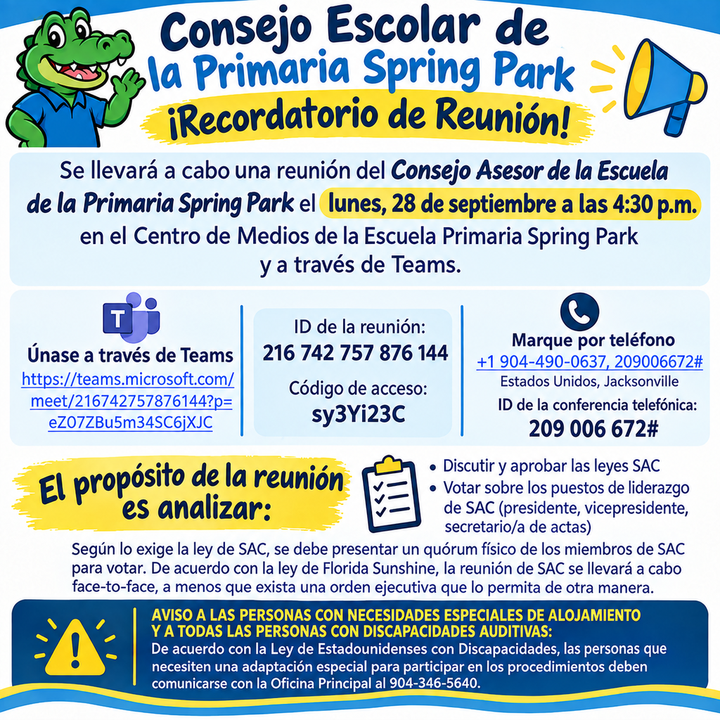 Spring Park Elementary School Advisory Council Meeting Reminder (Spanish Flyer)