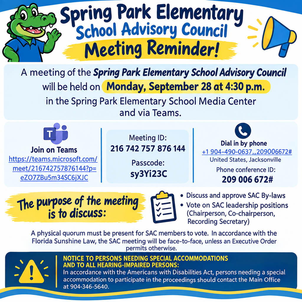 Spring Park Elementary School Advisory Council Meeting Reminder (English Flyer)