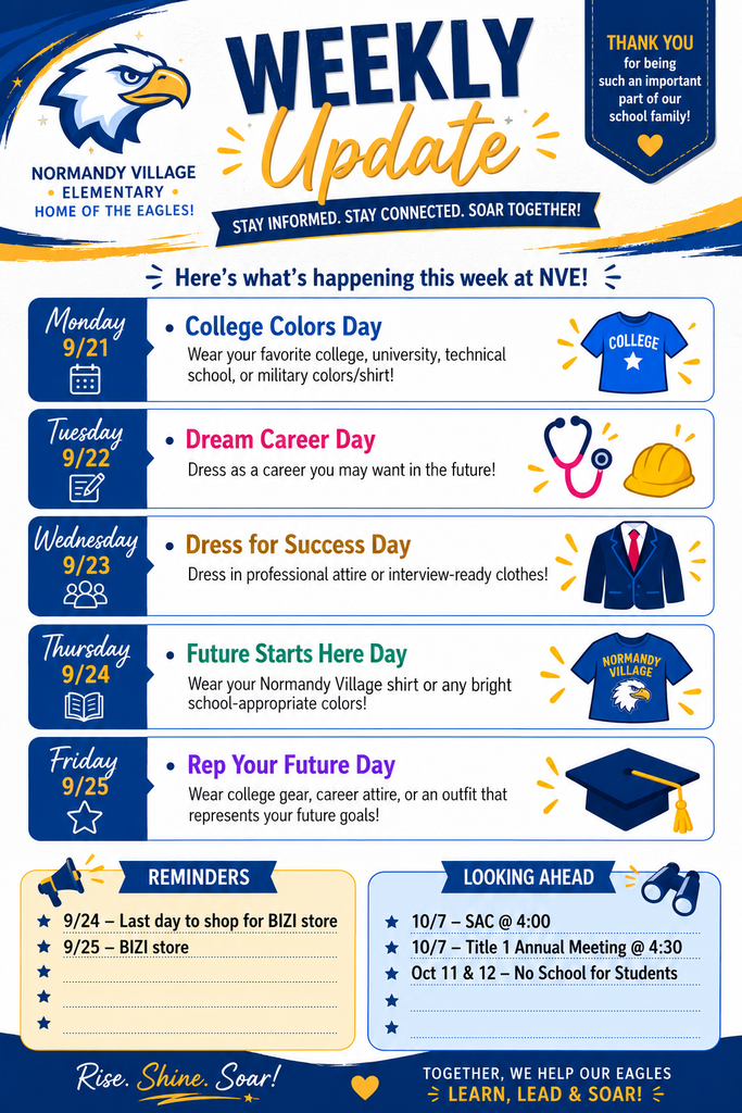 A colorful flyer displays the "Weekly Update" for a school with events and reminders for the week.