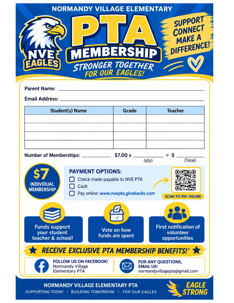 Blue and white flyer for Normandy Village Elementary PTA membership. Details include parent name, email, student name, grade, teacher, membership cost, and payment options.