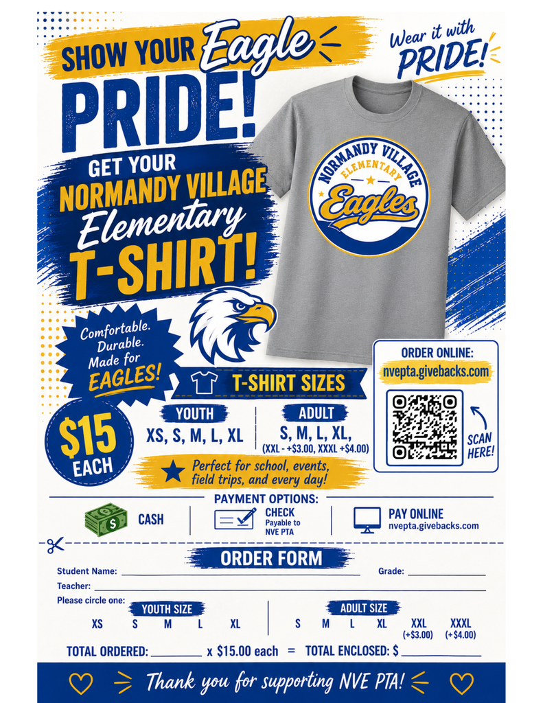 A flyer for Normandy Village Elementary Eagles T-shirts. It shows a gray shirt with an eagle graphic, sizes, prices, and an order form.