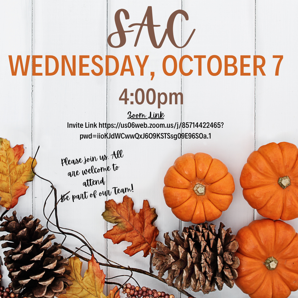 An invitation card for an event on a white background with autumn decorations. Text reads "SAC WEDNESDAY, OCTOBER 7 4:00pm".