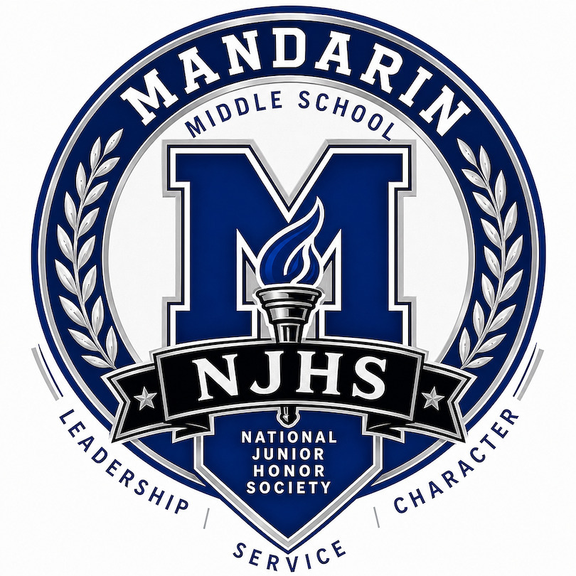 Blue logo with "Mandarin Middle School" at top, "NJHS" below a torch flame, and "National Junior Honor Society" below.