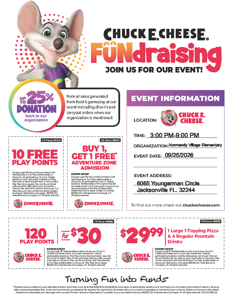 A flyer with a cartoon mouse and text about a Chuck E. Cheese fundraising event. Details include time, date, and location.