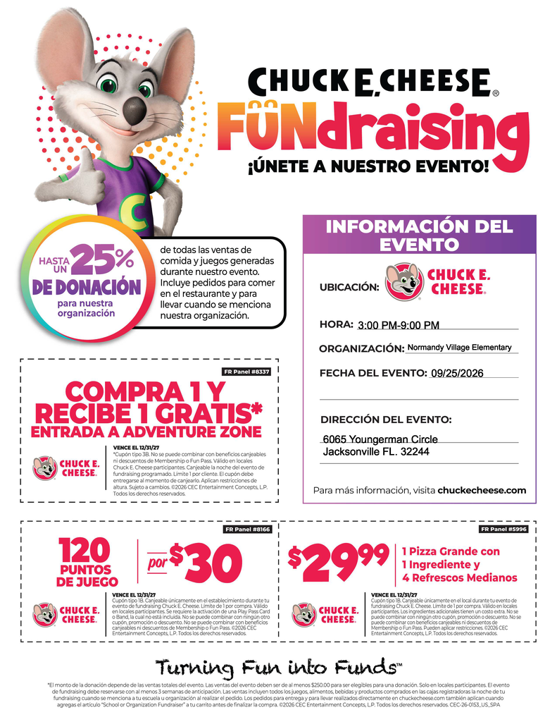 An advertisement for Chuck E. Cheese's fundraising event, featuring a mascot, pricing, and details like event date and location.