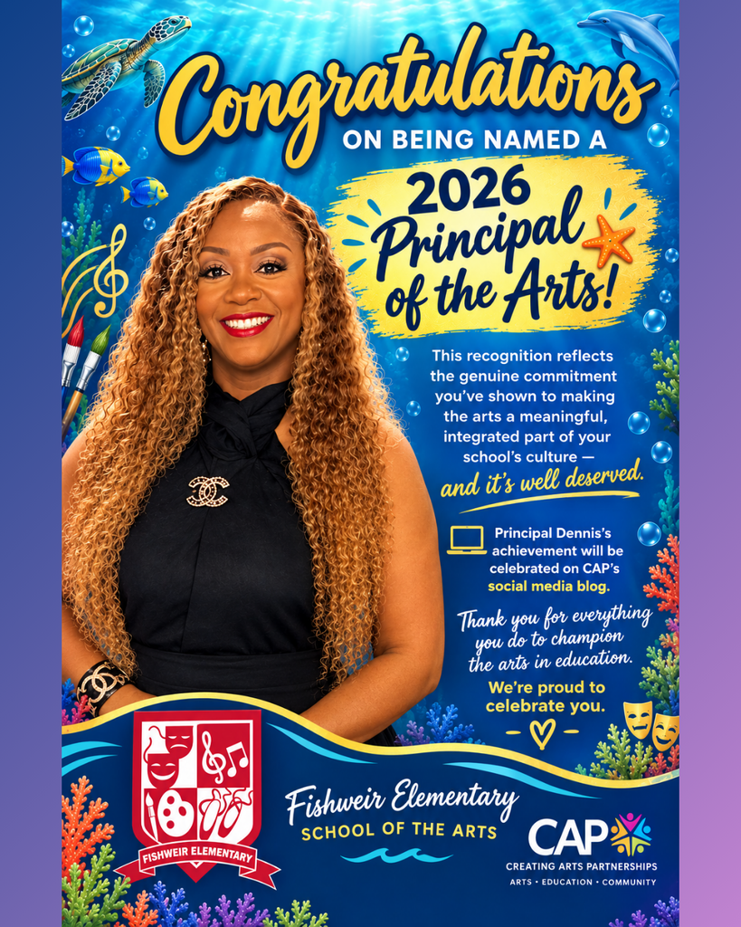 A poster with a smiling woman in a black dress and curly hair. Text reads "Congratulations on being named 2026 Principal of the Arts!"