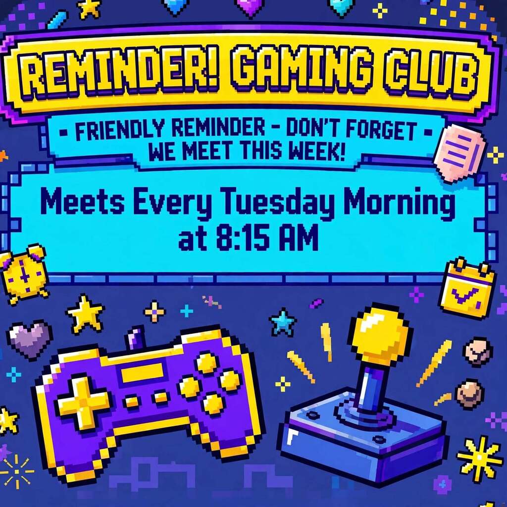 A blue background with pixel art visuals including a game controller, stars, and a check mark. Text reads "Reminder! Gaming Club" and "Friendly reminder - don't forget we meet this week!".