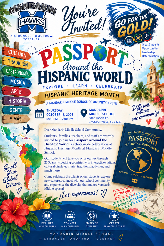An advertisement for Hispanic Heritage Month, featuring a passport, icons, and text on a multicolored background.