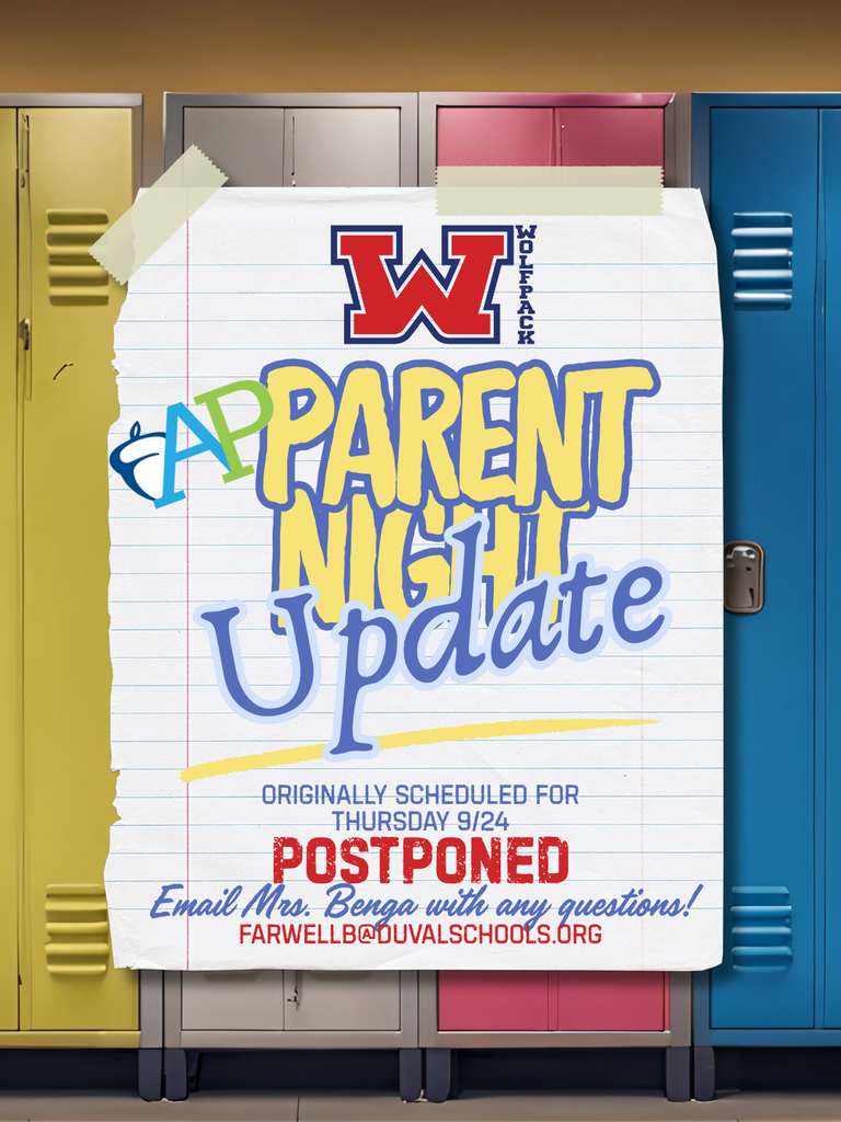 Paper sign with blue, yellow, and red text on a lined background. Text reads "Parent Night Update" and "Originally Scheduled for Thursday 9/24 Postponed."